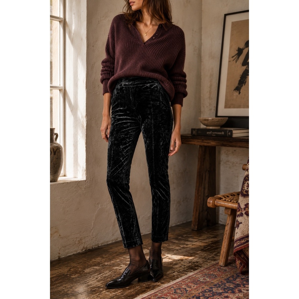 Anthropologie The Essential Slim Velvet Trousers Side‎ Zip Ankle Pant Black 6